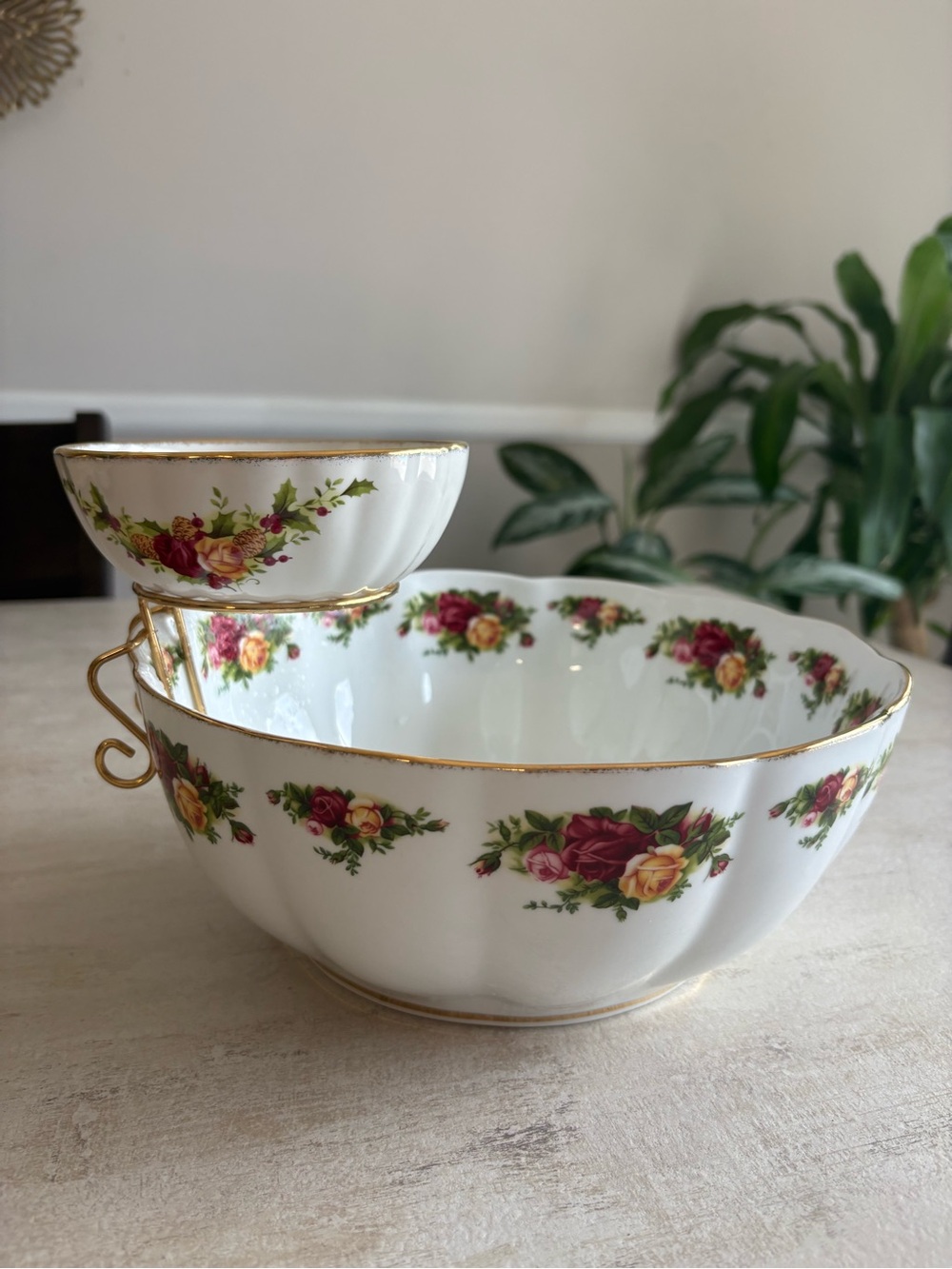 Royal Albert White Porcelain Rose-Trimmed Punch Bowl with Ladle